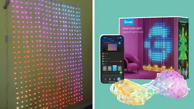 A collage featuring the Govee Curtain lights in multiple colors and the packaging.