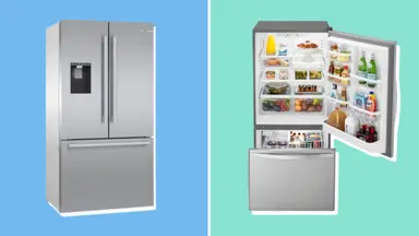 Bosch and Whirlpool silver refrigerators side-by-side on a blue and green background.
