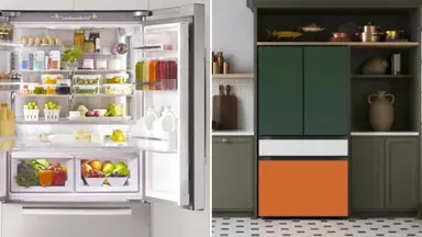 Left: Bosch French-door fridge with doors open and stocked with food. Right: One of Samsung's Bespoke French-door refrigerators in a modern kitchen.