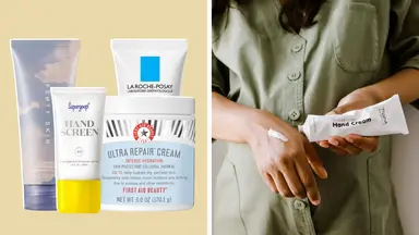 On left, three containers of hand cream on a colorful background. On right, a woman squirts some hand cream onto her hand