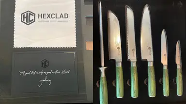 On left, two Hexclad brand cards on top of box packaging. On right, a 6-piece cutlery set with differently sized knives and emerald green handles lined up together in a row.