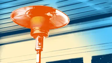 With a poppy art style, the image shows an outdoor heater against a porch background.