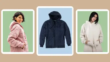 On left, person smiling while wearing pink weighted hoodie with hand in pocket. In middle, navy blue weighted zip-up hoodie. On right, person wears sand colored pullover weighted hoodie with hands inside of front pocket.