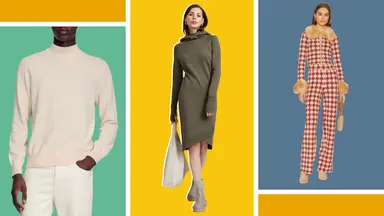Models wearing a cream mock-neck sweater, a sweatshirt dress, and a printed sweatsuit.