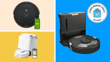 Three robot vacuums with the Cyber Monday Deals Reviewed badge in front of colored backgrounds.