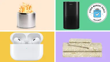 Four products with the Cyber Monday Deals Reviewed badge in front of colored backgrounds.