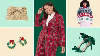 A pleated gold clutch, stud earrings that look like wreaths with red bows, a model wearing a red plaid suit, a model wearing an ugly Christmas sweater, and a pair of green satin heels with ribbon bows on the back.