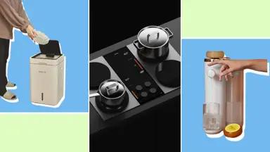 Left to right: Person emptying food scraps into the Reencle composter; Impulse cooktop with cookware atop; hand using the Bello water filter.