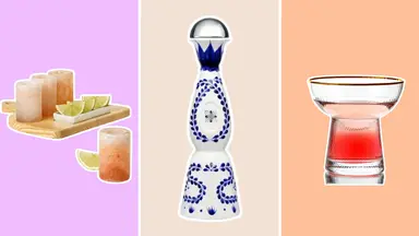 Himalayan salt glasses, bottle of Clase Azul tequila, margarita glass