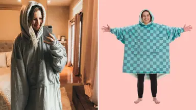The author wearing The Comfy Original and a model wearing the same hoodie in a different color.