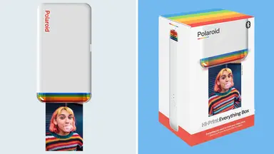 Photo collage of the  Polaroid Hi-Print Bluetooth printer with a small photo being printed.