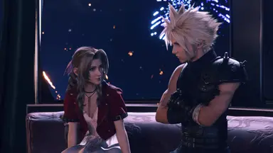 Cloud and Aerith from Final Fantasy VII Rebirth. They're having a conversation while fireworks illuminate the night sky behind them.