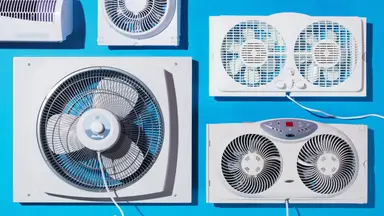 Five window fans appear on a blue background
