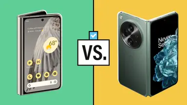 A colorful photo collage of the Google Pixel Fold touchscreen smartphone and the OnePlus Open touchscreen smartphone.
