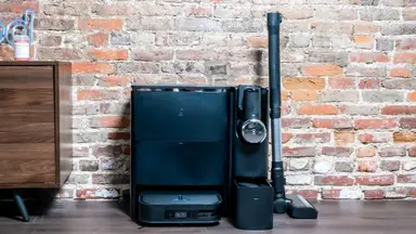 The Ecovacs X2 Combo with cordless vacuum in charging dock.