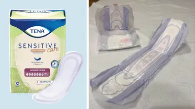 A photo collage of Tena Incontinence Pads, Bladder Control & Postpartum for Women and two opened Always Discreet pads.