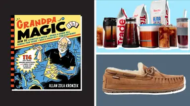 Grandpa Magic book, L.L. Bean Wicked Good Moccasins, Trade coffee subscription on blue grey and black background