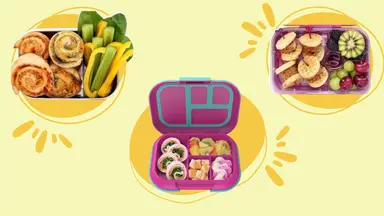 Colorful school lunches in bento boxes.