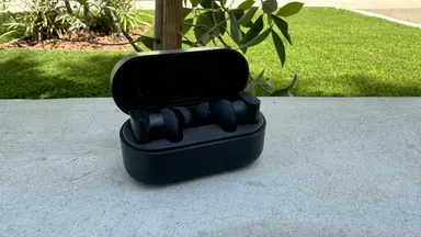 The Status Audio Between 3ANC wireless earbuds in their onyx charging case, open on a white cement wall with trees and grass in the background.