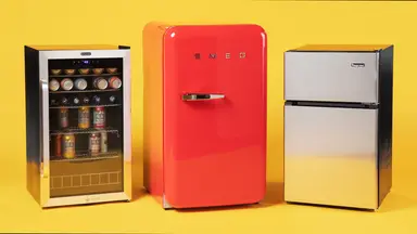 A shot of three of our top-testing mini fridges, the Whynter BR-1211DS, Smeg FAB10URRD3, and Magic Chef HMDR31GSE.