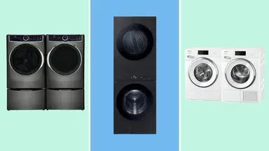 Washer-dryer sets by Electrolux, Samsung, and Miele against a color-blocked blue and green background.