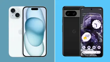 A collage with an Apple iPhone and a Google Pixel 8 smartphone.