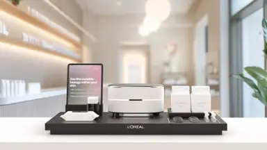 The L'Oreal Cell BioPrint machine on a stand, with app and test materials