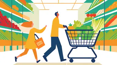 Shoppers pushing grocery cart through wholesale club aisle with food.