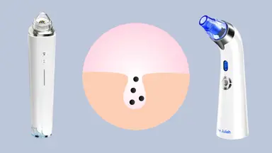 Two pore vacuums on a gray background with an illustration of a facial pore