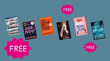 A collection of books with three pink Free stickers