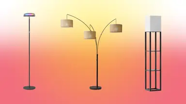 The floor lamps stand on a red background with a yellow glow center