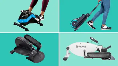 Four under-desk ellipticals in a grid on a green background