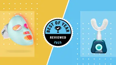 Reviewed 2025 best of beauty award winners Qure and Y-brush on yellow and blue background