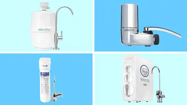 Four water filters on a blue grid background