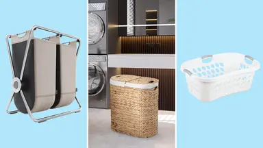 Three laundry baskets and hampers on a blue grid