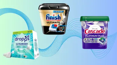 Dishwasher pods from Dropps, Cascade, and Finish on a green and blue ombre background