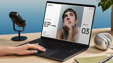 A person uses a laptop displaying a podcast website, an ideal idea for creating personalized holiday gifts like custom digital projects.