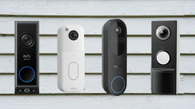 Four video doorbells sit on a house clapboard