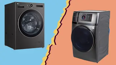 LG WM6998HBA Washer Dryer Combo versus GE Profile PFQ97HSPVDS with a lightning bolt between them