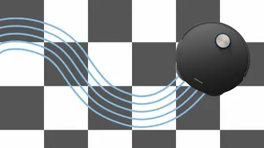 One robot vacuum and mop cleans a black and white checkered floor with graphic water lines