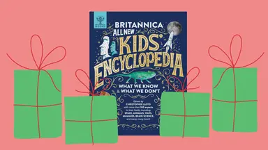 A Britannica Kids Encyclopedia with gift illustrations around it on a red background