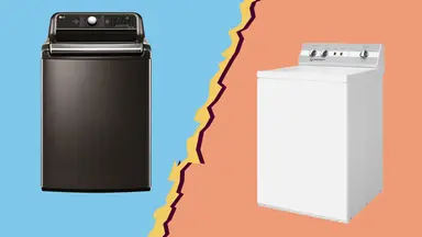 LG WT7900HBA and Speed Queen TC5 washing machines across from each other on a torn paper background.