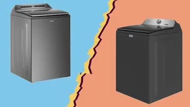 Whirlpool WTW8127LC  and Maytag Pet Pro MVW6500MBK washing machines side by side on a torn paper background