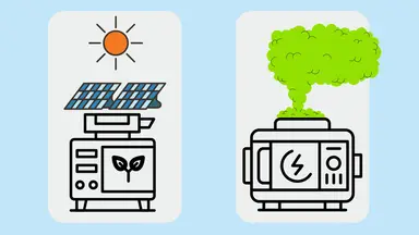 A solar powered generator next to a gas-powered generator on a blue background.