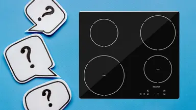 Question mark bubbles surround an induction stovetop on a blue background