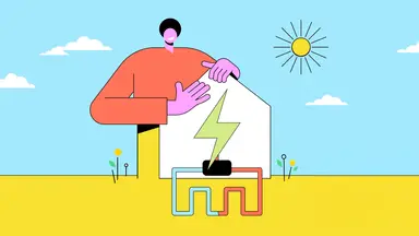 Colorful cartoon graphic of large person leaning on home outdoors.