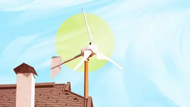 Tall wind turbine behind suburban home in sky.