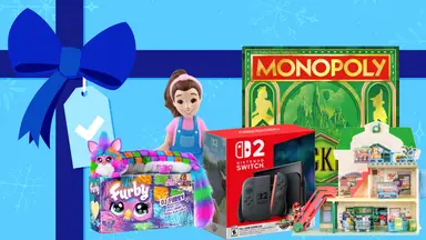 A blue present background with several toys and games places on it