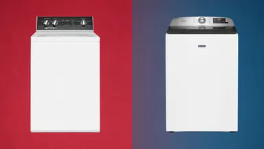 Speed Queen and Maytag top-load washers side by side on colored background