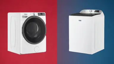 A Whirlpool front-load washer on a red background, and Maytag top-load washer on a blue background